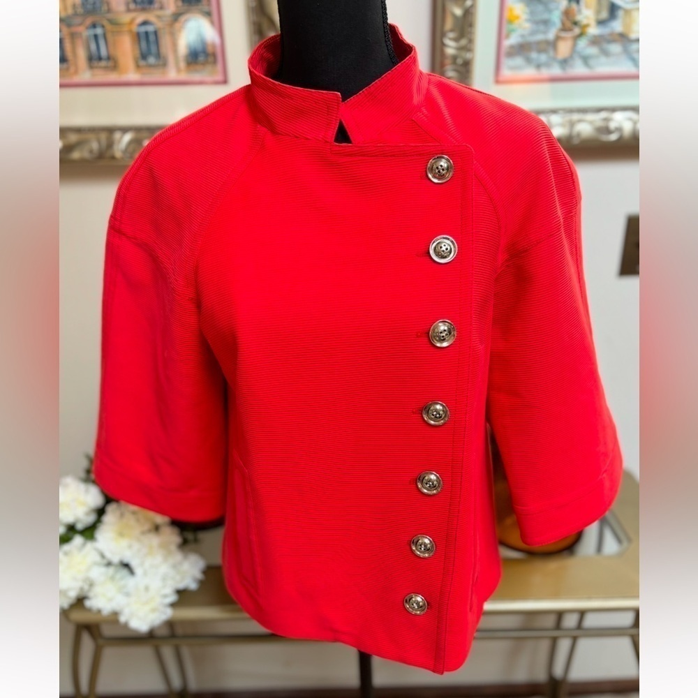 Orange Cropped Utility Jacket Mandarin Collar Asymmetrical Chinese Jacket SZ 8